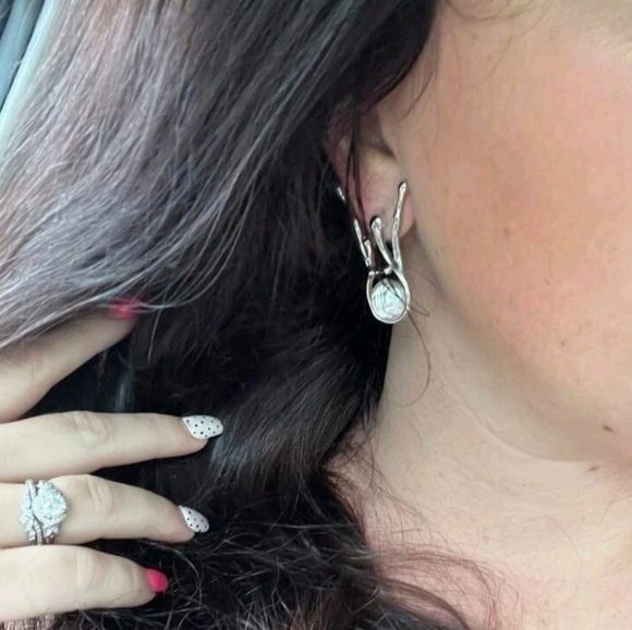 Silver Abstract statement earrings dangle Faux pearl metallic Modern 💖2/$30 - Picture 8 of 16